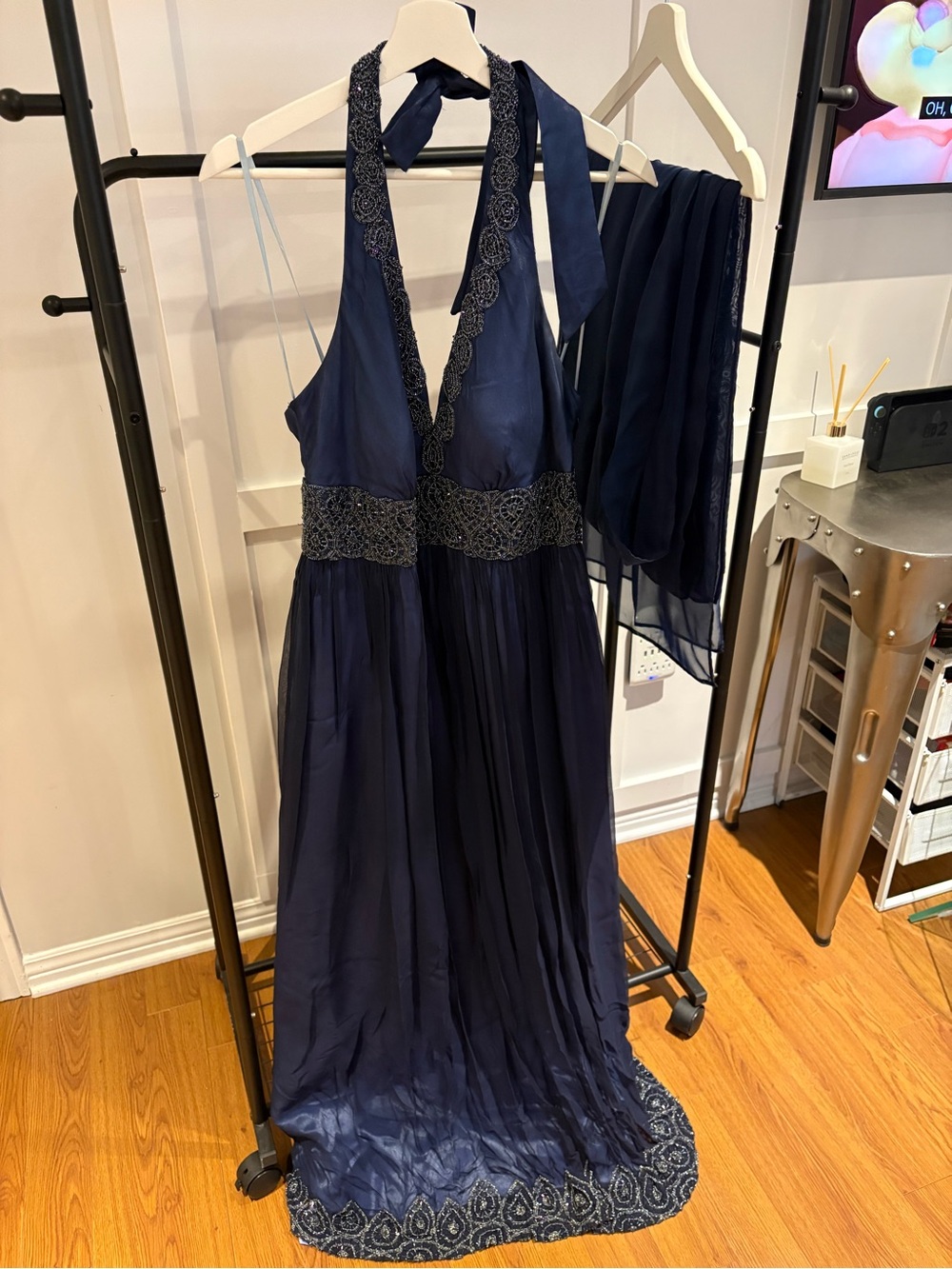 Adrianna Papell Navy Halter Maxi Dress with Beaded Trim